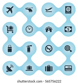 Set Of 16 Simple Plane Icons. Can Be Found Such Elements As Garage, Currency, Certificate Of Citizenship And Other.