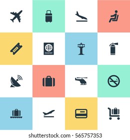 Set Of 16 Simple Plane Icons. Can Be Found Such Elements As Alighting Plane, Antenna , Handbag.