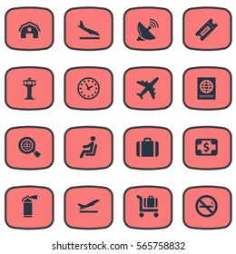 Set Of 16 Simple Plane Icons. Can Be Found Such Elements As Coupon, Garage, Flight Control Tower And Other.