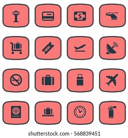 Set Of 16 Simple Plane Icons. Can Be Found Such Elements As Plane, Luggage Carousel, Cigarette Forbidden And Other.
