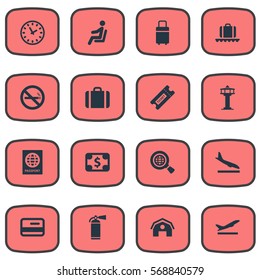 Set Of 16 Simple Plane Icons. Can Be Found Such Elements As Global Research, Certificate Of Citizenship, Credit Card And Other.