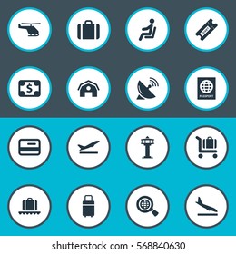 Set Of 16 Simple Plane Icons. Can Be Found Such Elements As Travel Bag, Certificate Of Citizenship, Luggage Carousel And Other.