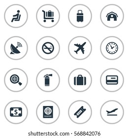 Set Of 16 Simple Plane Icons. Can Be Found Such Elements As Certificate Of Citizenship, Currency, Watch And Other.