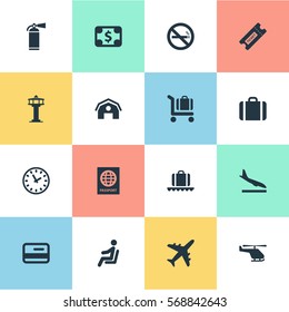 Set Of 16 Simple Plane Icons. Can Be Found Such Elements As Currency, Watch, Coupon And Other.