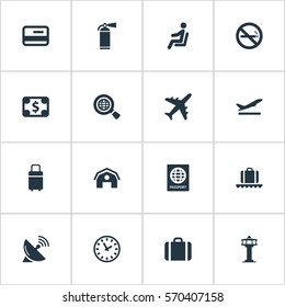 Set Of 16 Simple Plane Icons. Can Be Found Such Elements As Global Research, Antenna, Protection Tool And Other.