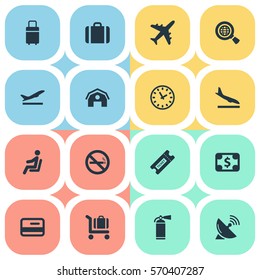 Set Of 16 Simple Plane Icons. Can Be Found Such Elements As Cigarette Forbidden, Coupon, Watch And Other.