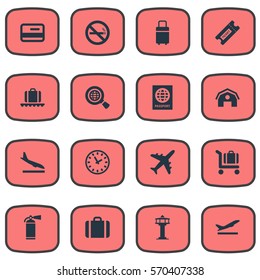 Set Of 16 Simple Plane Icons. Can Be Found Such Elements As Travel Bag, Takeoff, Watch And Other.