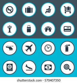Set Of 16 Simple Plane Icons. Can Be Found Such Elements As Plane, Garage, Cigarette Forbidden And Other.