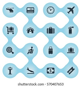 Set Of 16 Simple Plane Icons. Can Be Found Such Elements As Watch, Seat, Flight Control Tower And Other.