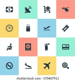 Set Of 16 Simple Plane Icons. Can Be Found Such Elements As Air Transport, Protection Tool, Watch And Other.
