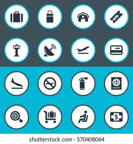 Set Of 16 Simple Plane Icons. Can Be Found Such Elements As Takeoff, Alighting Plane, Antenna And Other.