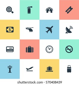 Set Of 16 Simple Plane Icons. Can Be Found Such Elements As Plane, Handbag, Protection Tool.