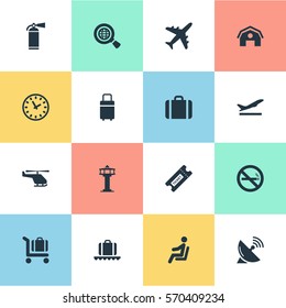 Set Of 16 Simple Plane Icons. Can Be Found Such Elements As Cigarette Forbidden, Takeoff, Travel Bag And Other.