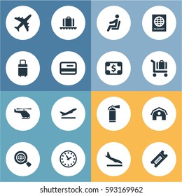 Set Of 16 Simple Plane Icons. Can Be Found Such Elements As Credit Card, Takeoff, Global Research And Other.