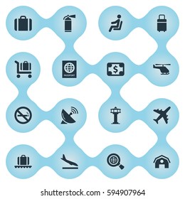 Set Of 16 Simple Plane Icons. Can Be Found Such Elements As Cigarette Forbidden, Certificate Of Citizenship, Protection Tool And Other.