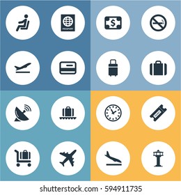Set Of 16 Simple Plane Icons. Can Be Found Such Elements As Coupon, Antenna, Travel Bag And Other.