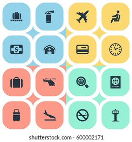 Set Of 16 Simple Plane Icons. Can Be Found Such Elements As Currency , Handbag, Protection Tool.