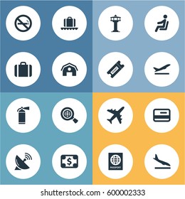 Set Of 16 Simple Plane Icons. Can Be Found Such Elements As Currency, Takeoff, Seat And Other.