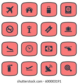 Set Of 16 Simple Plane Icons. Can Be Found Such Elements As Certificate Of Citizenship, Takeoff, Alighting Plane And Other.