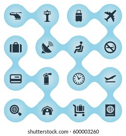Set Of 16 Simple Plane Icons. Can Be Found Such Elements As Antenna, Credit Card, Garage And Other.
