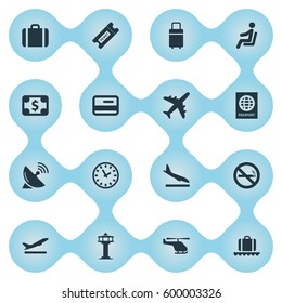 Set Of 16 Simple Plane Icons. Can Be Found Such Elements As Air Transport, Seat, Cigarette Forbidden And Other.