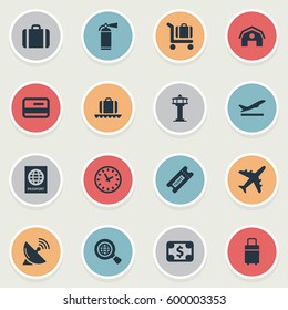 Set Of 16 Simple Plane Icons. Can Be Found Such Elements As Coupon, Currency, Antenna And Other.