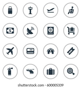 Set Of 16 Simple Plane Icons. Can Be Found Such Elements As Baggage Cart, Seat, Plane And Other.