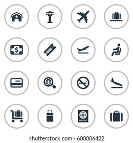 Set Of 16 Simple Plane Icons. Can Be Found Such Elements As Garage, Seat, Luggage Carousel And Other.