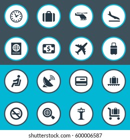 Set Of 16 Simple Plane Icons. Can Be Found Such Elements As Global Research, Credit Card, Cigarette Forbidden And Other.