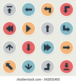Set Of 16 Simple Pointer Icons. Can Be Found Such Elements As Right Landmark, Downwards Pointing, Let Down.