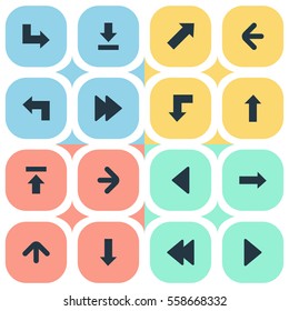 Set Of 16 Simple Pointer Icons. Can Be Found Such Elements As Right Direction, Indicator, Downwards Pointing And Other.