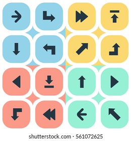 Set Of 16 Simple Pointer Icons. Can Be Found Such Elements As Right Landmark, Rearward, Pointer.