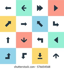 Set Of 16 Simple Pointer Icons. Can Be Found Such Elements As Downwards Pointing, Pointer, Pointer And Other.