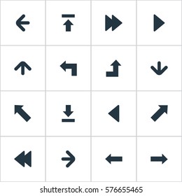 Set Of 16 Simple Pointer Icons. Can Be Found Such Elements As Rearward, Transfer, Increasing And Other.
