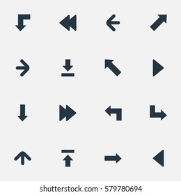Set Of 16 Simple Pointer Icons. Can Be Found Such Elements As Advanced, Upward Direction , Right Landmark.