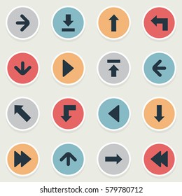 Set Of 16 Simple Pointer Icons. Can Be Found Such Elements As Right Direction, Rearward, Upward Direction And Other.