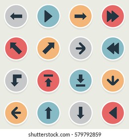 Set Of 16 Simple Pointer Icons. Can Be Found Such Elements As Downwards Pointing, Transfer, Right Direction And Other.