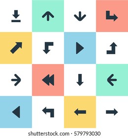 Set Of 16 Simple Pointer Icons. Can Be Found Such Elements As Let Down, Right Direction, Indicator And Other.
