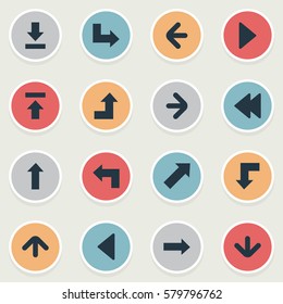 Set Of 16 Simple Pointer Icons. Can Be Found Such Elements As Reduction, Left Landmark , Upward Direction.