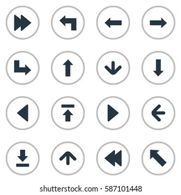 Set Of 16 Simple Pointer Icons. Can Be Found Such Elements As Right Direction, Rearward, Advanced And Other.