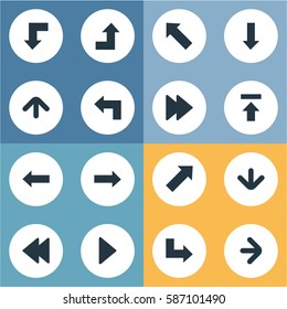 Set Of 16 Simple Pointer Icons. Can Be Found Such Elements As Upward Direction, Right Direction, Pointer And Other.
