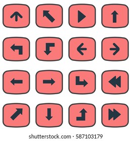Set Of 16 Simple Pointer Icons. Can Be Found Such Elements As Reduction, Right Direction, Upward Direction And Other.