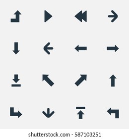 Set Of 16 Simple Pointer Icons. Can Be Found Such Elements As Let Down, Rearward, Upward Direction And Other.