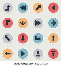 Set Of 16 Simple Pointer Icons. Can Be Found Such Elements As Downwards Pointing, Increasing, Right Direction And Other.