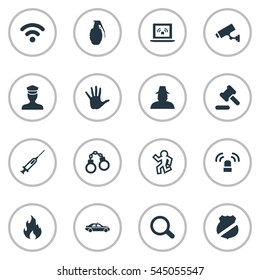 Set Of 16 Simple Police Icons. Can Be Found Such Elements As Volunteer, Sheriff, Siren And Other.
