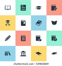 Set Of 16 Simple Reading Icons. Can Be Found Such Elements As Academic Cap, Notebook, Academic Cap And Other.