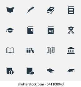 Set Of 16 Simple Reading Icons. Can Be Found Such Elements As Graduation Hat, Bookshelf, Academic Cap And Other.