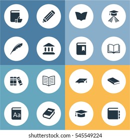 Set Of 16 Simple Reading Icons. Can Be Found Such Elements As Book Cover, Pen, Journal And Other.