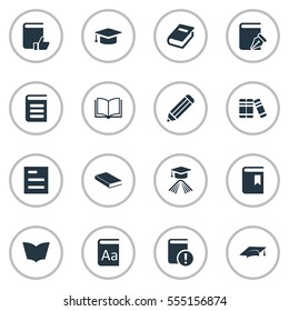 Set Of 16 Simple Reading Icons. Can Be Found Such Elements As Academic Cap, Pen, Notebook And Other.