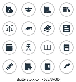 Set Of 16 Simple Reading Icons. Can Be Found Such Elements As Sketchbook, Journal, Plume And Other.